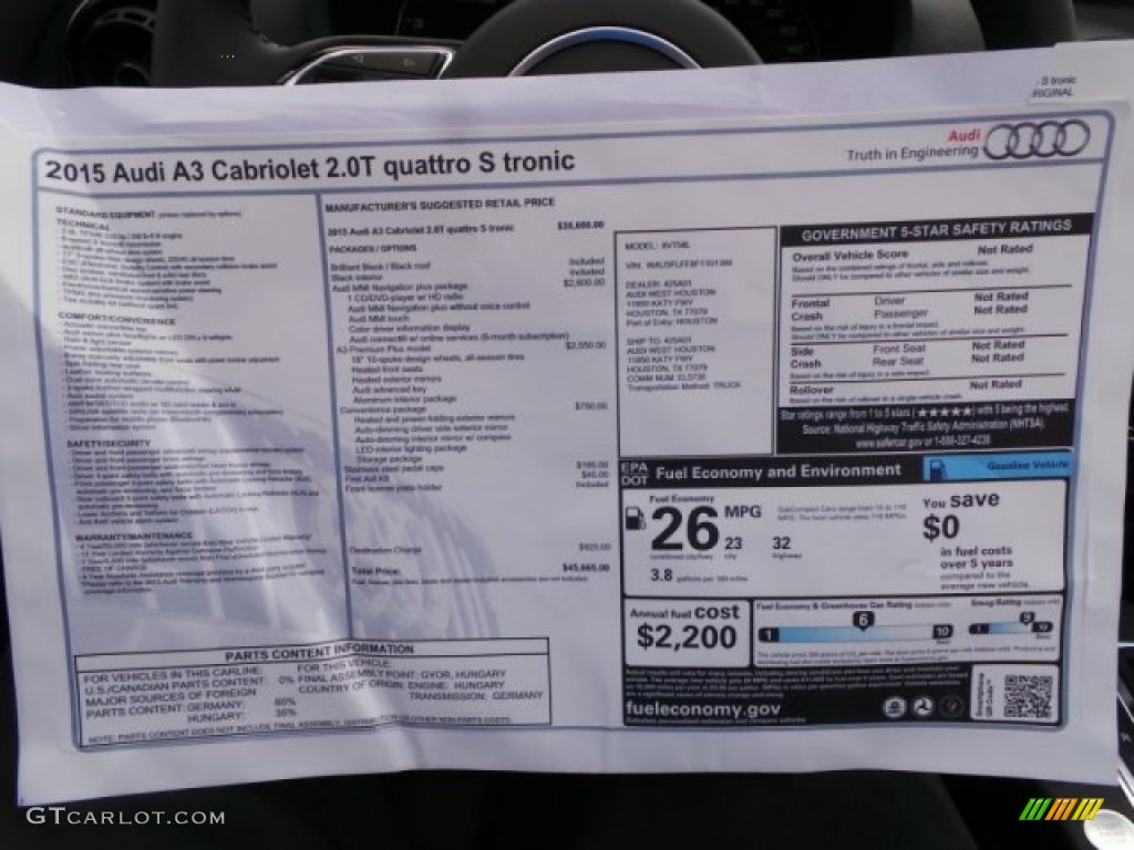 2015 Audi A3 2.0 Premium Plus quattro Cabriolet Window Sticker Photo #102527642
