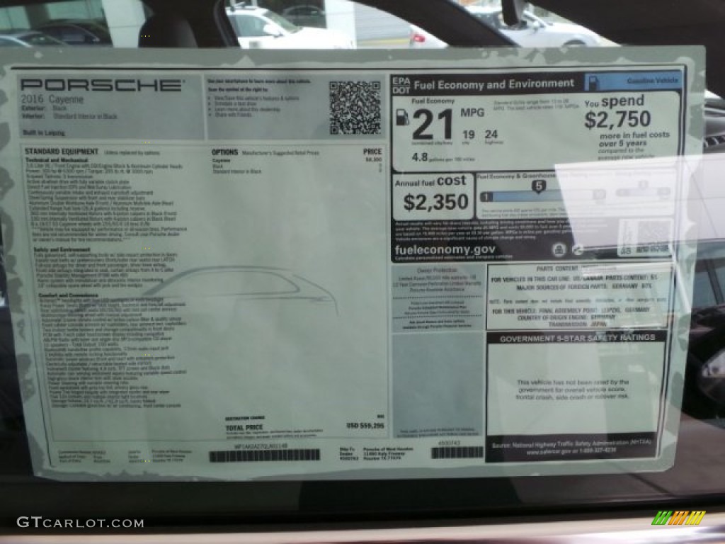 2016 Porsche Cayenne Standard Cayenne Model Window Sticker Photo #102562786