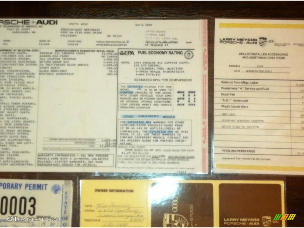 1984 Porsche 911 Carrera Coupe Info Tag Photo #102585708