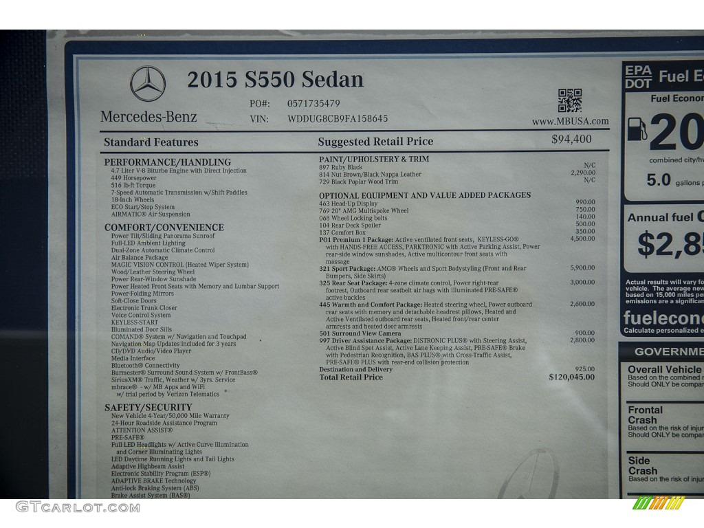 2015 Mercedes-Benz S 550 Sedan Window Sticker Photo #102606317