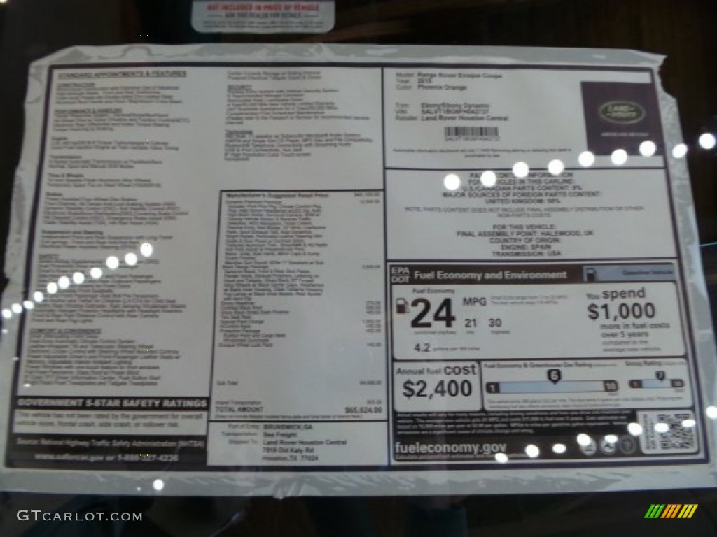 2015 Land Rover Range Rover Evoque Dynamic Window Sticker Photo #102623674
