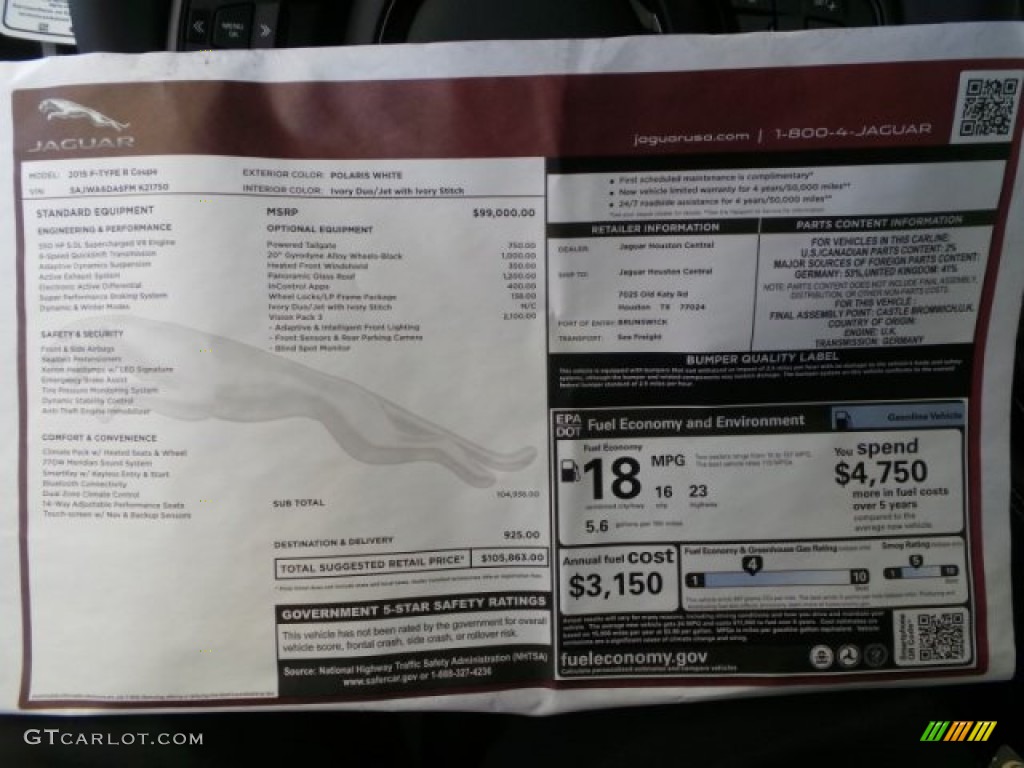 2015 Jaguar F-TYPE R Coupe Window Sticker Photo #102635968