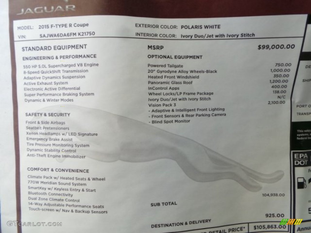 2015 Jaguar F-TYPE R Coupe Window Sticker Photos