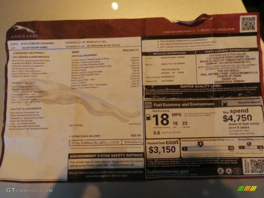 2015 Jaguar F-TYPE V8 S Convertible Window Sticker Photo #102636139
