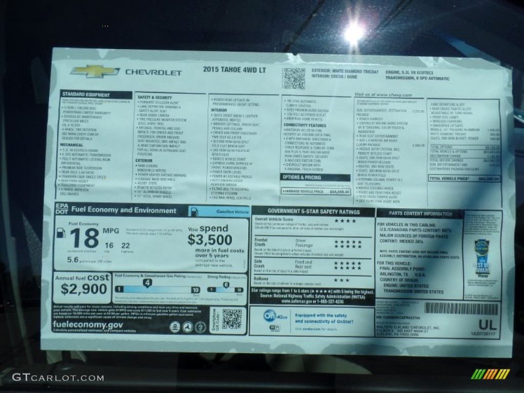 2015 Chevrolet Tahoe LT 4WD Window Sticker Photo #102697577