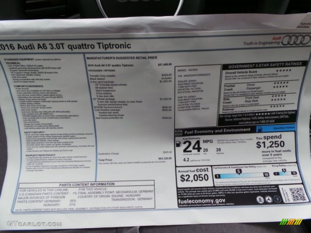 2016 Audi A6 3.0 TFSI Premium Plus quattro Window Sticker Photo #102777028