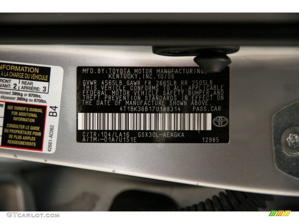 2007 Toyota Avalon XLS Color Code Photos