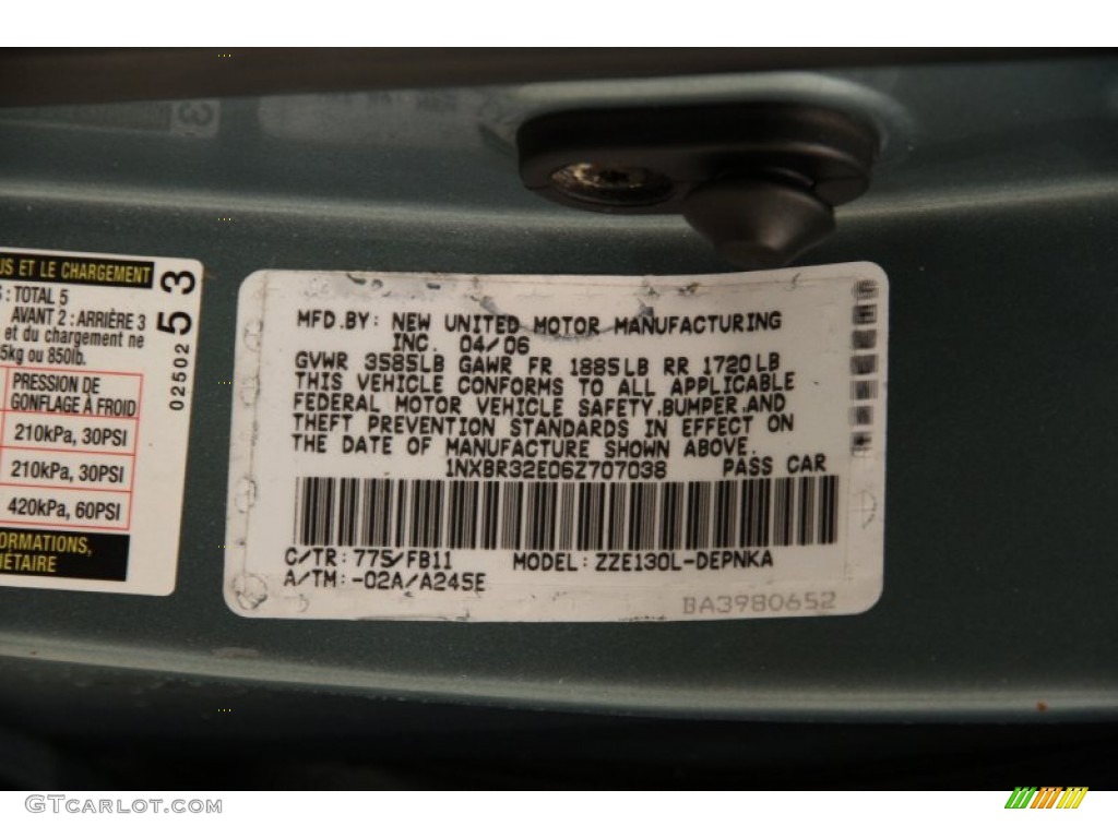 2006 Toyota Corolla LE Color Code Photos
