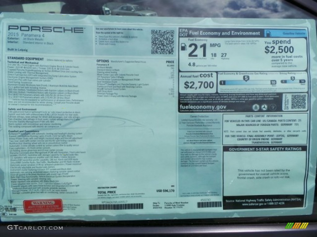 2015 Porsche Panamera Standard Panamera Model Window Sticker Photo #102785489