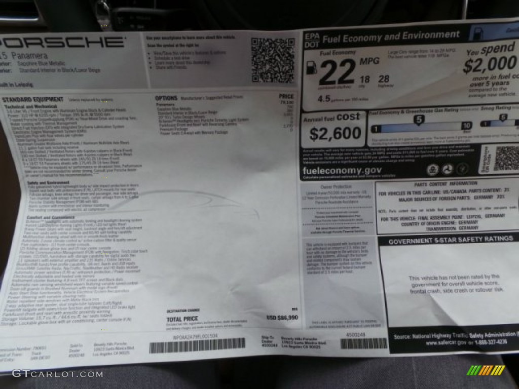 2015 Porsche Panamera Standard Panamera Model Window Sticker Photo #102786062
