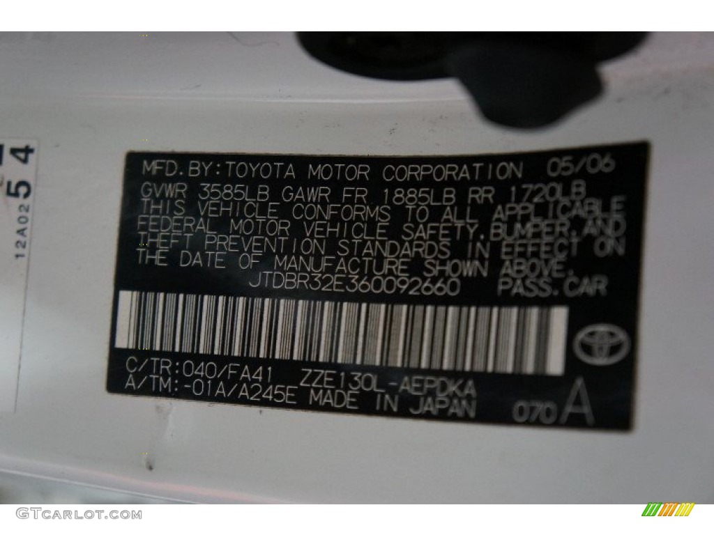 2006 Toyota Corolla CE Color Code Photos