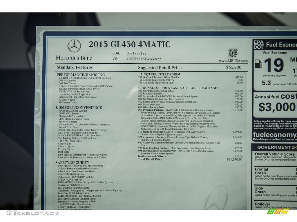 2015 Mercedes-Benz GL 450 4Matic Window Sticker Photo #102875910