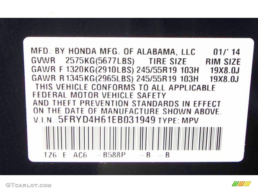 2014 Acura MDX SH-AWD Technology Color Code Photos