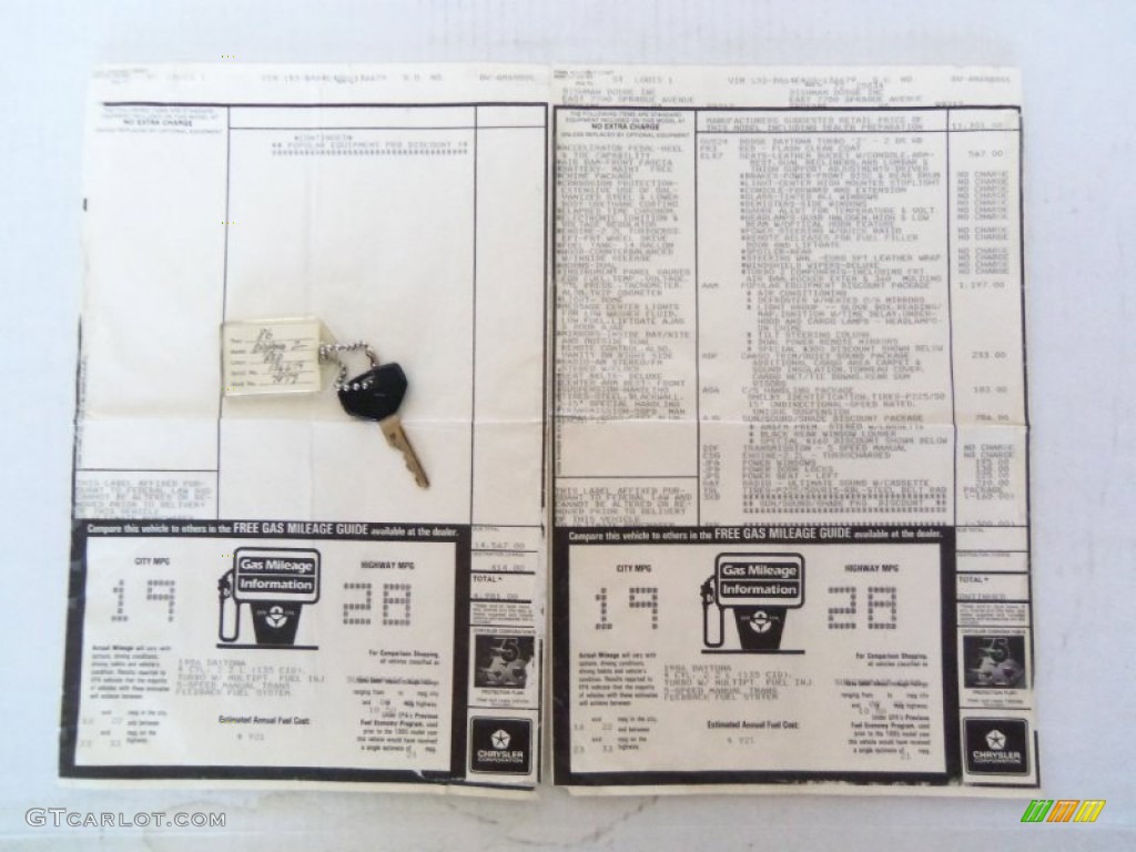 1986 Dodge Daytona Turbo Z CS Window Sticker Photos