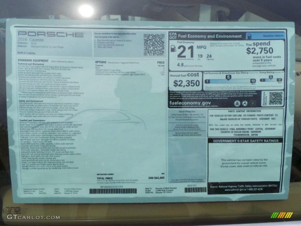 2016 Porsche Cayenne Standard Cayenne Model Window Sticker Photo #102940427