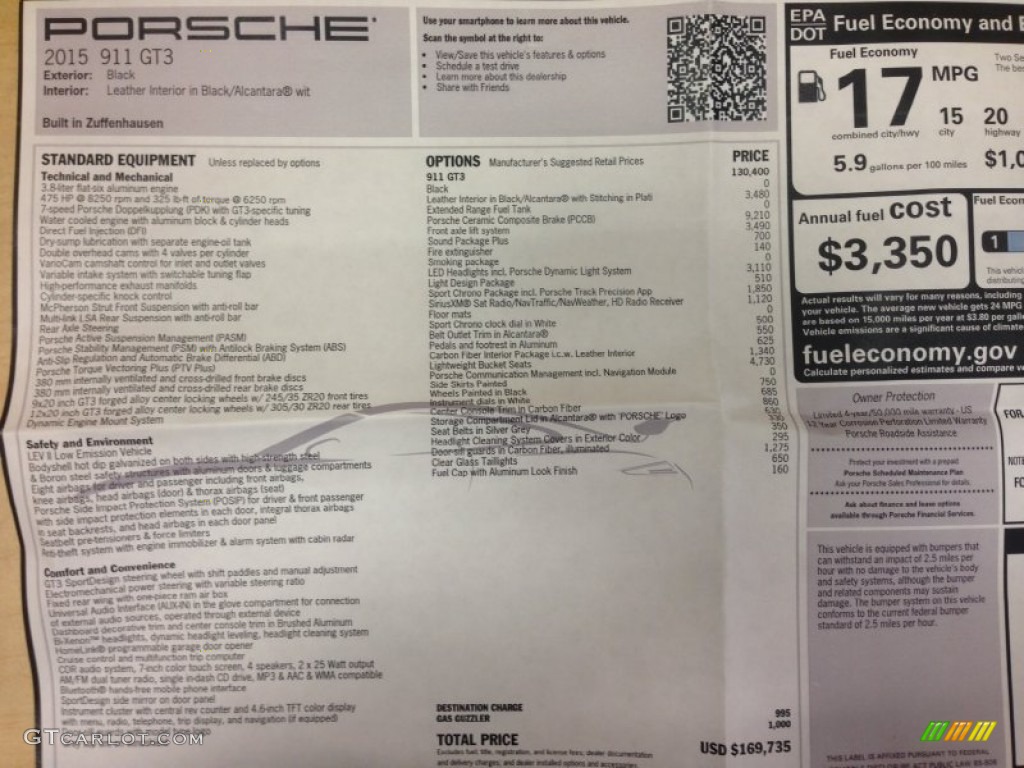 2015 Porsche 911 GT3 Window Sticker Photo #102985982