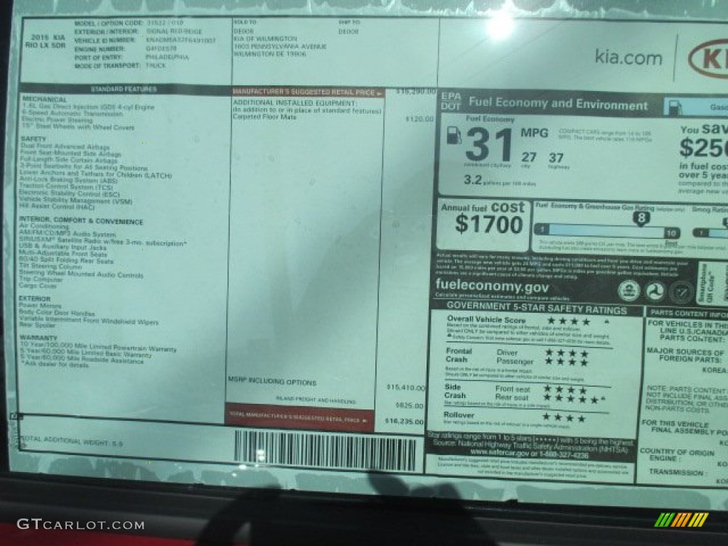 2015 Kia Rio LX Window Sticker Photos