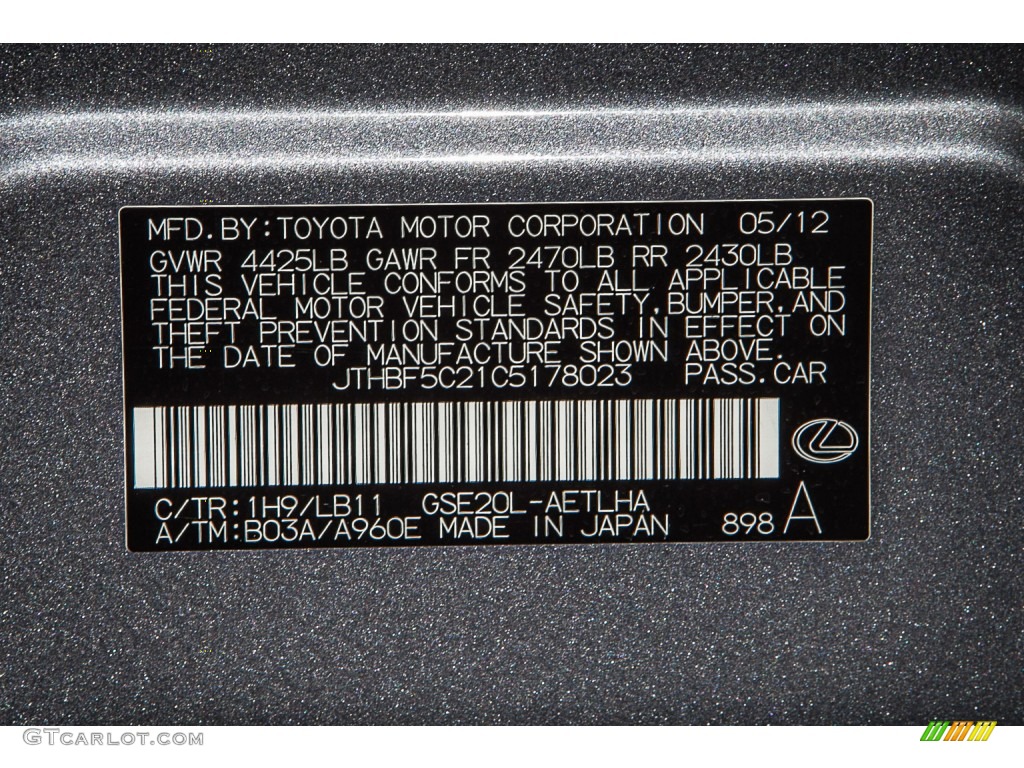 2012 Lexus IS 250 Color Code Photos