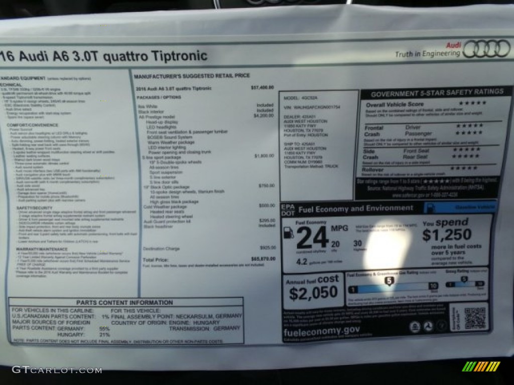 2016 Audi A6 3.0 TFSI Prestige quattro Window Sticker Photo #103181885