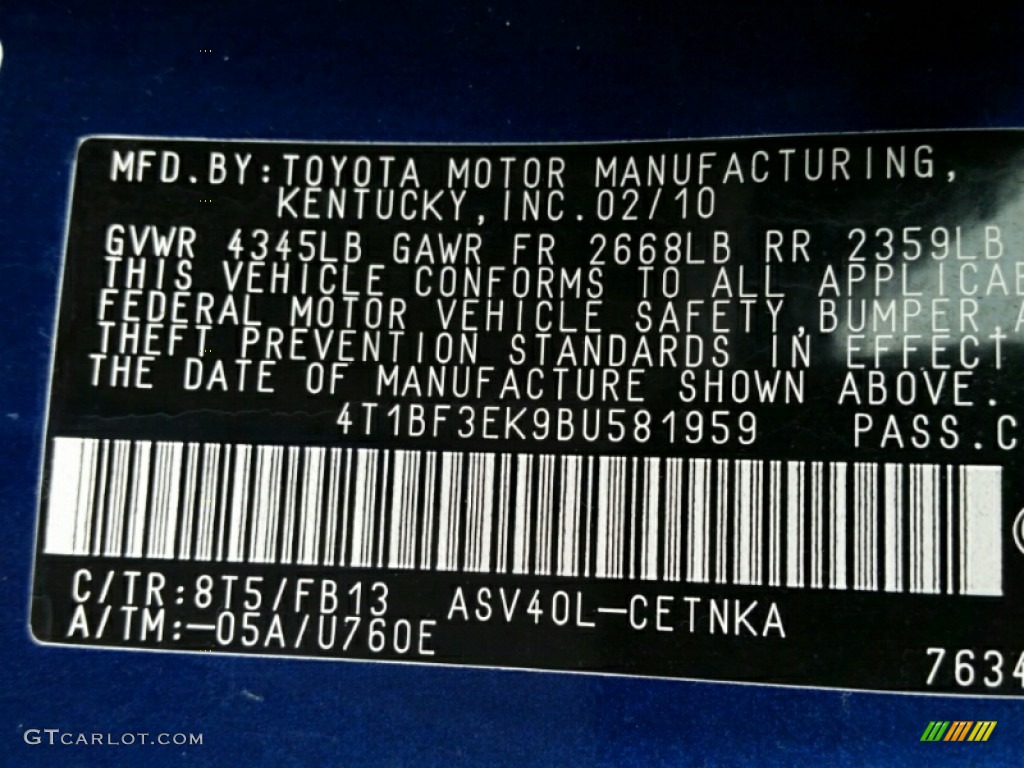 2011 Camry Color Code 8T5 for Blue Ribbon Metallic Photo #103194955