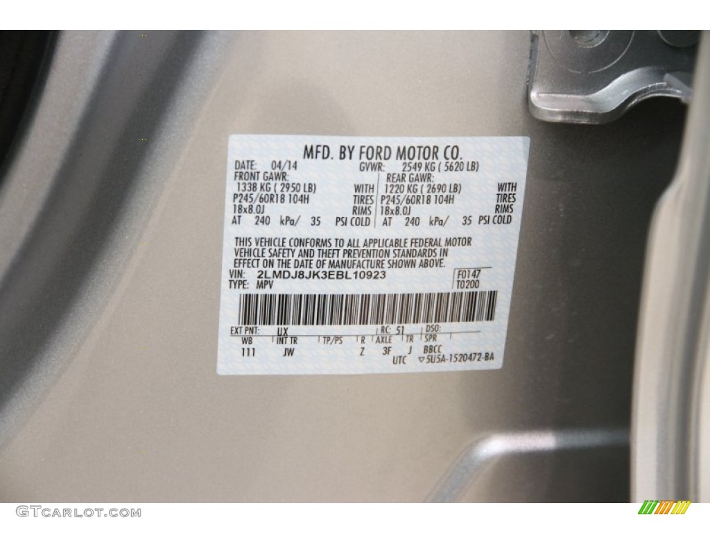 2014 MKX Color Code UX for Ingot Silver Metallic Photo #103224520