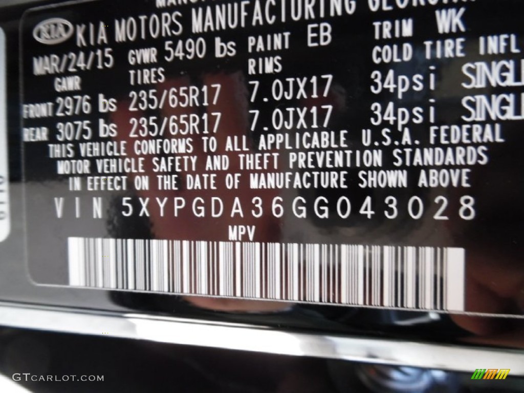 2016 Kia Sorento LX AWD Color Code Photos