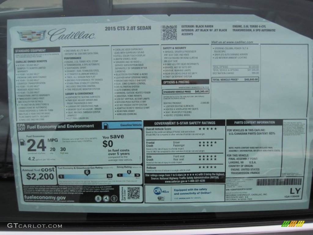 2015 Cadillac CTS 2.0T Sedan Window Sticker Photo #103288451