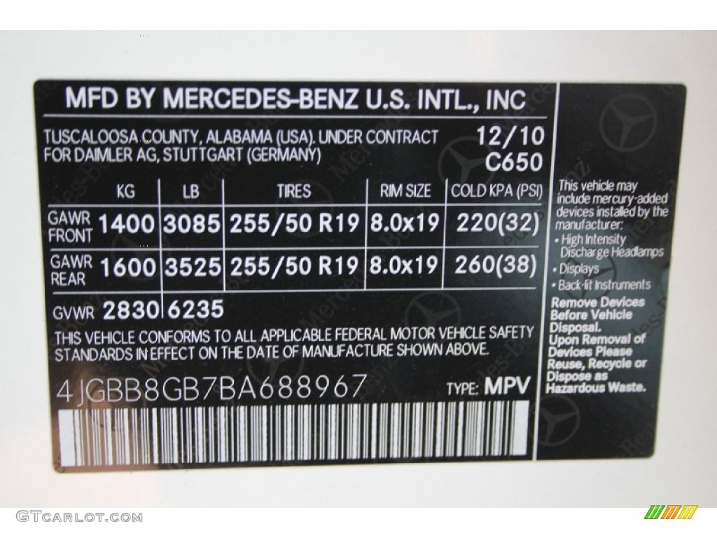 2011 Mercedes-Benz ML 350 4Matic Color Code Photos