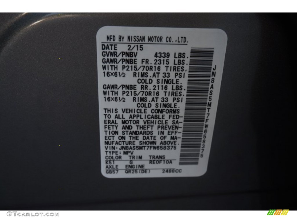 2015 Rogue Select Color Code K51 for Platinum Graphite Photo #103387011