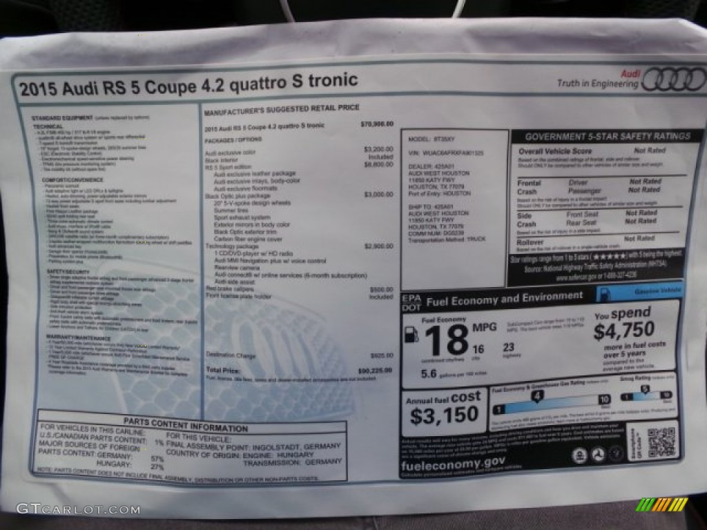2015 Audi RS 5 Coupe quattro Window Sticker Photo #103416541