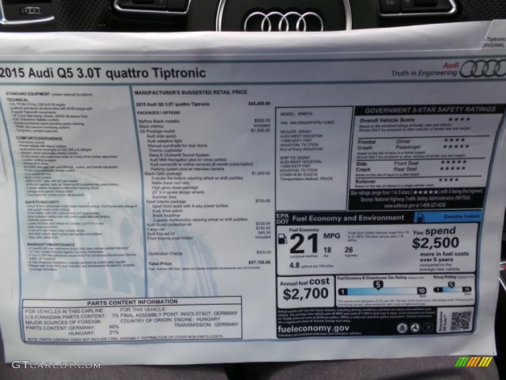 2015 Audi Q5 3.0 TDI Prestige quattro Window Sticker Photo #103417165