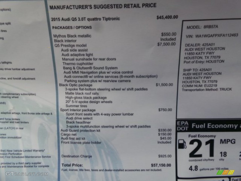 2015 Audi Q5 3.0 TDI Prestige quattro Window Sticker Photo #103417183