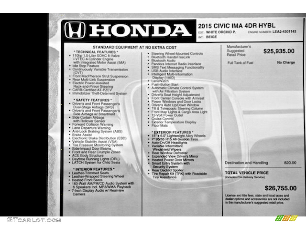 2015 Civic Hybrid-L Sedan - White Orchid Pearl / Beige photo #16