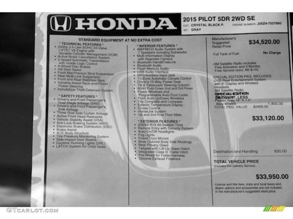 2015 Pilot SE - Crystal Black Pearl / Gray photo #24