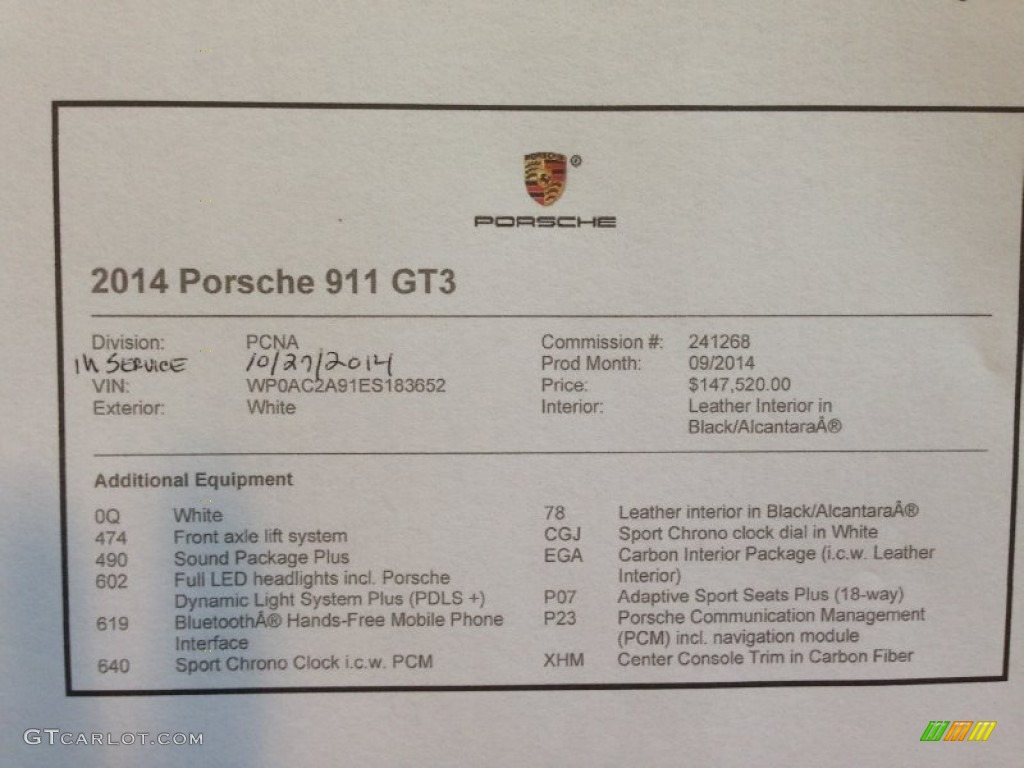 2014 Porsche 911 GT3 Window Sticker Photo #103450380