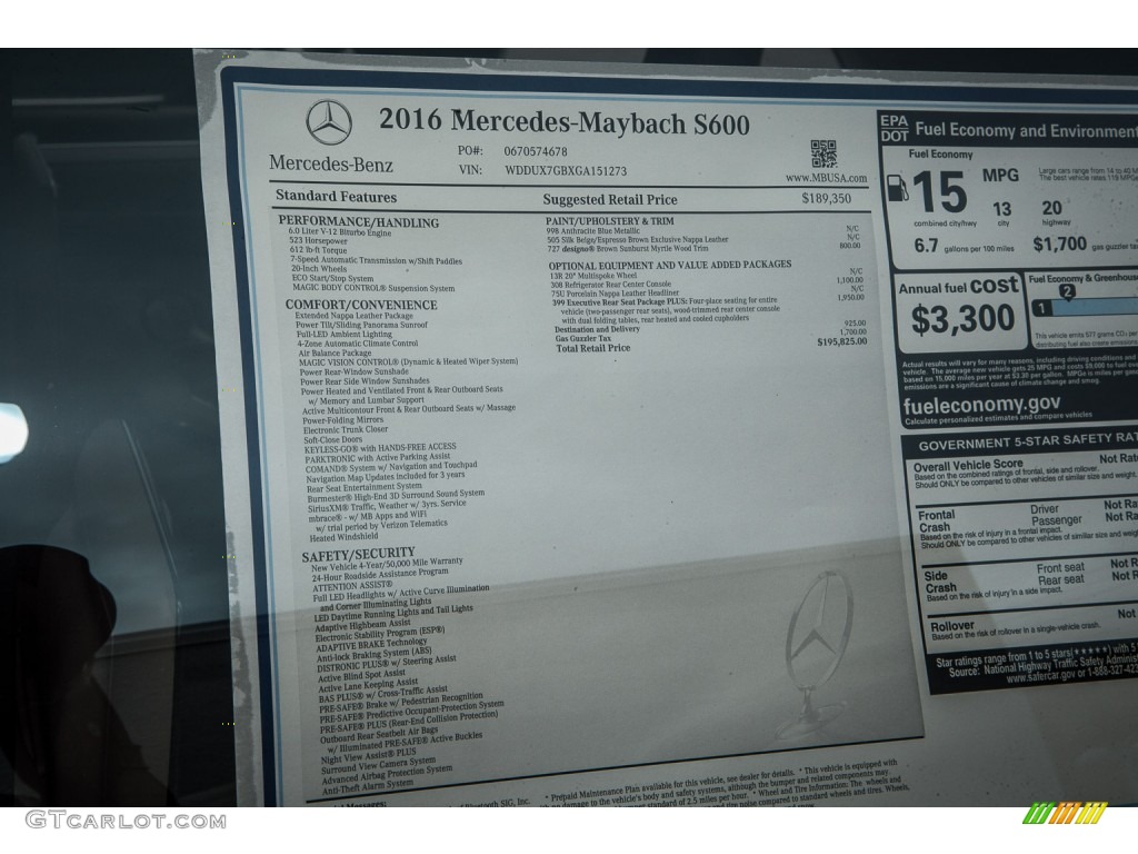 2016 Mercedes-Benz S Mercedes-Maybach S600 Sedan Window Sticker Photo #103452546