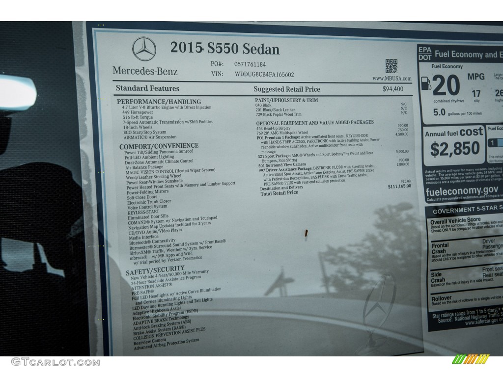 2015 Mercedes-Benz S 550 Sedan Window Sticker Photo #103453956