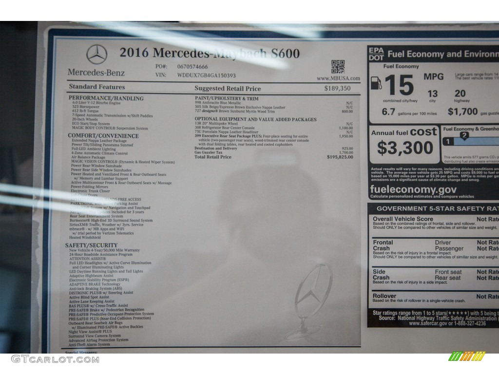 2016 Mercedes-Benz S Mercedes-Maybach S600 Sedan Window Sticker Photo #103556094