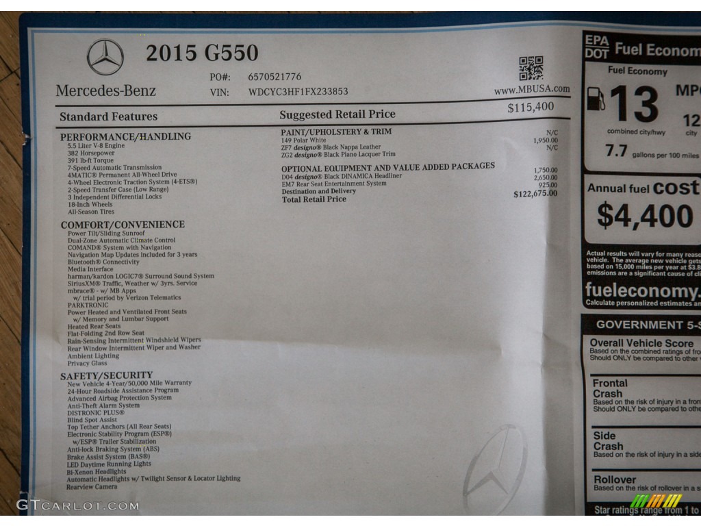 2015 Mercedes-Benz G 550 Window Sticker Photo #103557534