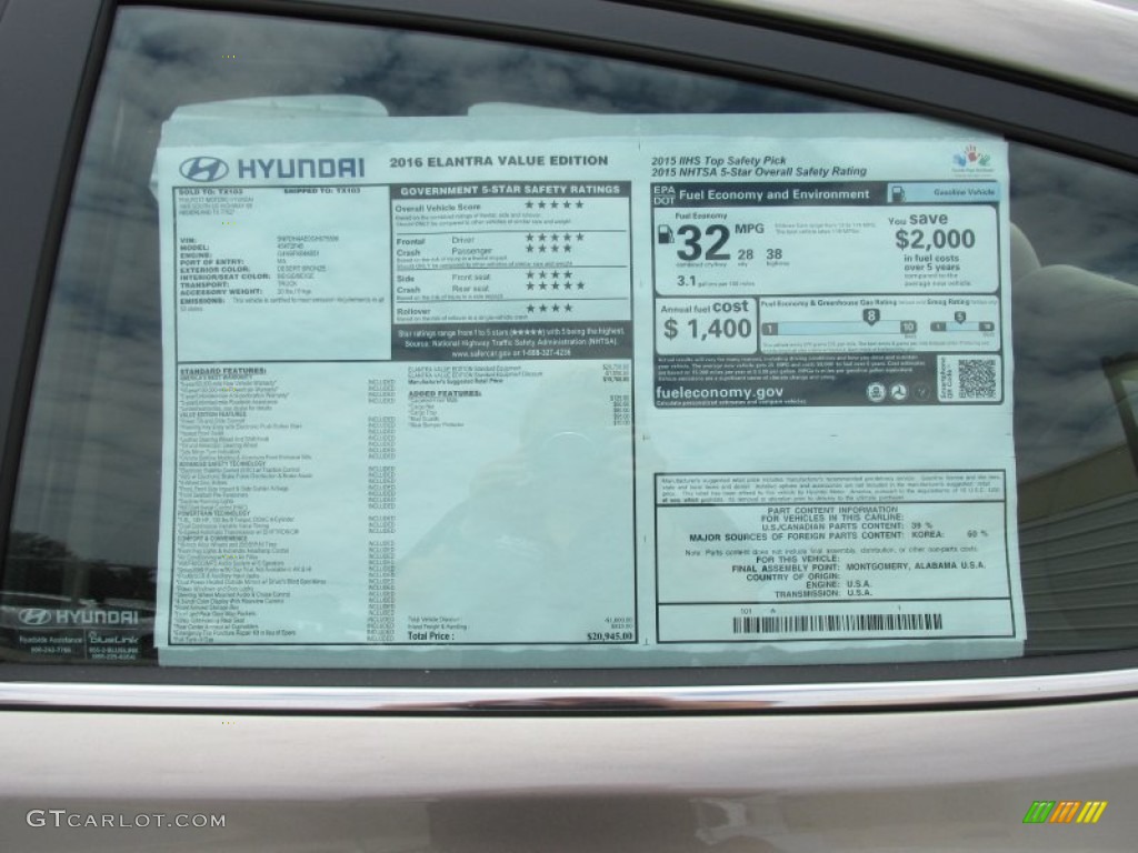 2016 Elantra Value Edition - Desert Bronze / Beige photo #33