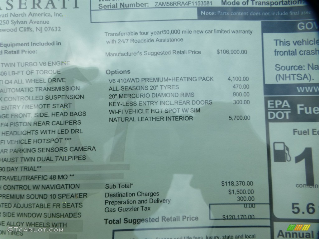 2015 Maserati Quattroporte S Q4 AWD Window Sticker Photo #103673724
