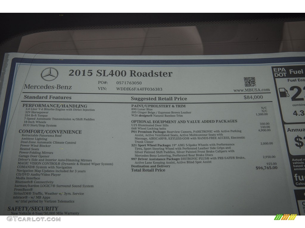 2015 SL 400 Roadster - Lunar Blue Metallic / Ginger Beige/Espresso Brown photo #11
