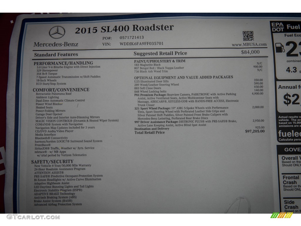 2015 Mercedes-Benz SL 400 Roadster Window Sticker Photos