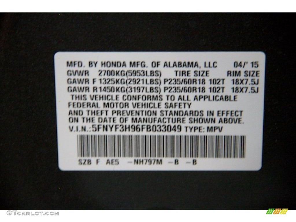 2015 Pilot Touring - Modern Steel Metallic / Gray photo #25