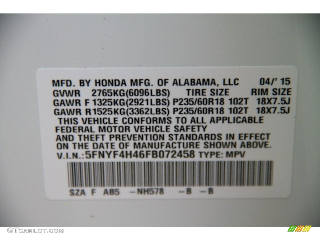 2015 Pilot EX 4WD - Taffeta White / Gray photo #21