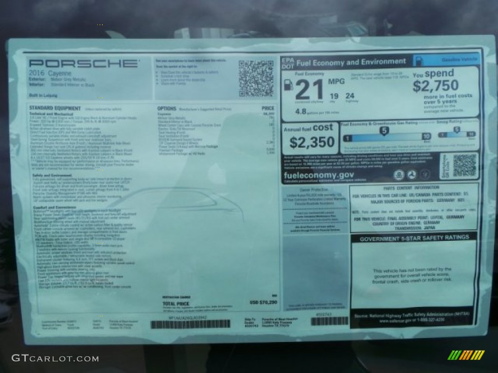 2016 Porsche Cayenne Standard Cayenne Model Window Sticker Photo #103984880