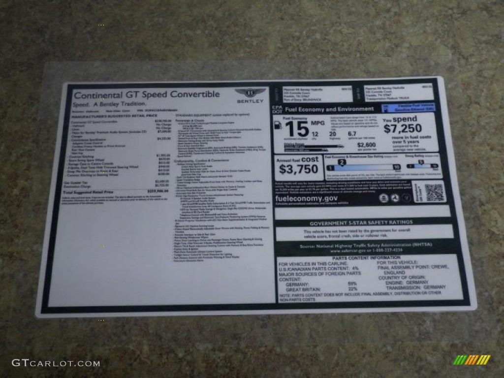 2014 Bentley Continental GTC Speed Window Sticker Photo #104009842