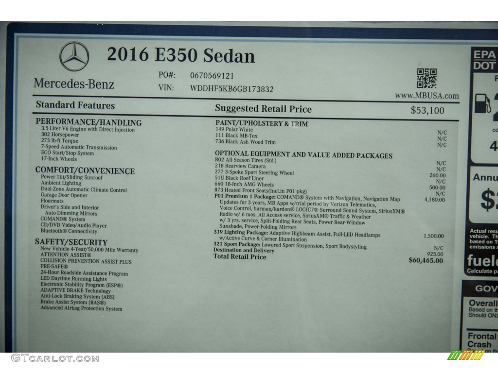 2016 Mercedes-Benz E 350 Sedan Window Sticker Photo #104028514