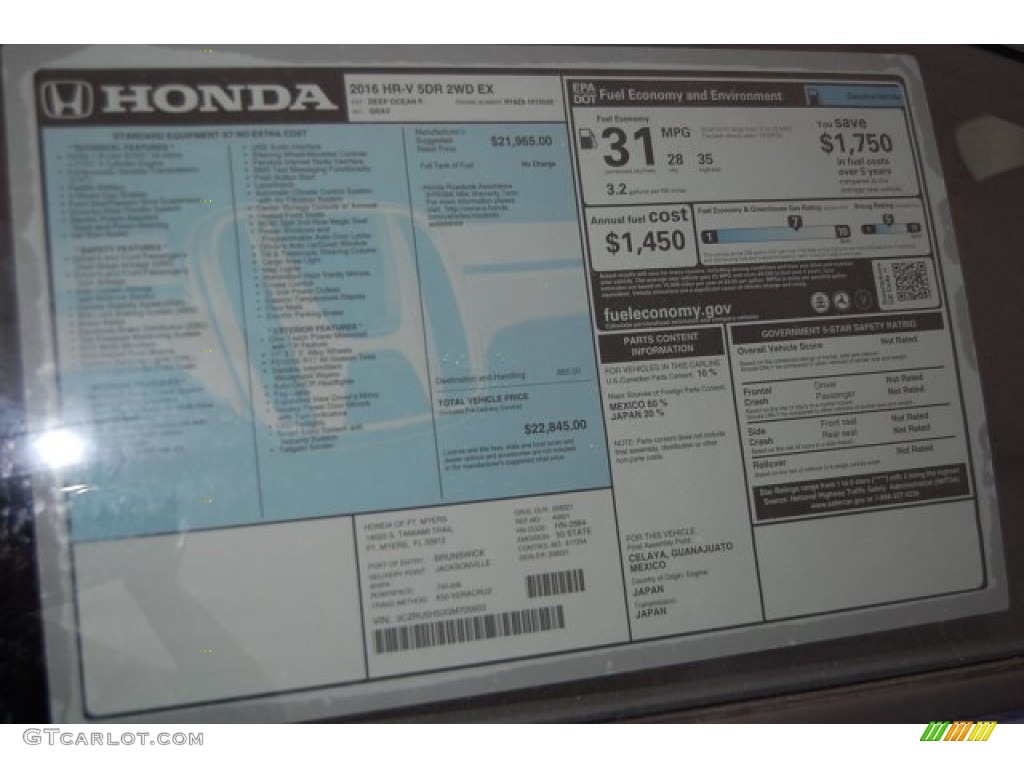 2016 Honda HR-V EX Window Sticker Photo #104086150