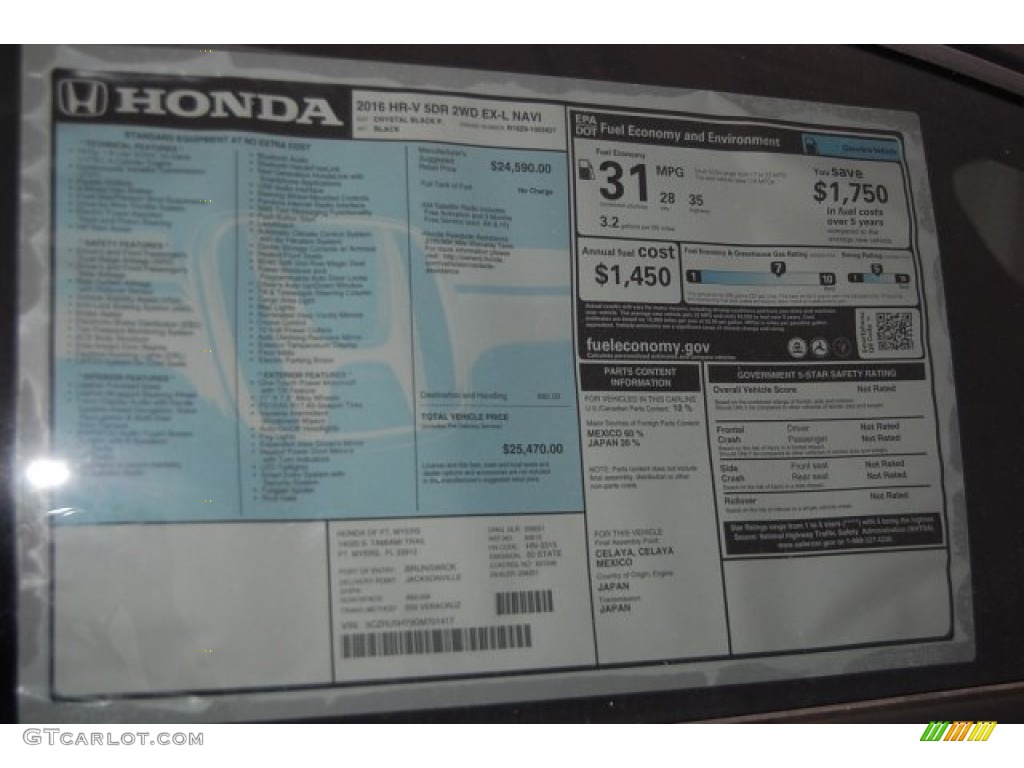2016 Honda HR-V EX-L Navi Window Sticker Photo #104087437